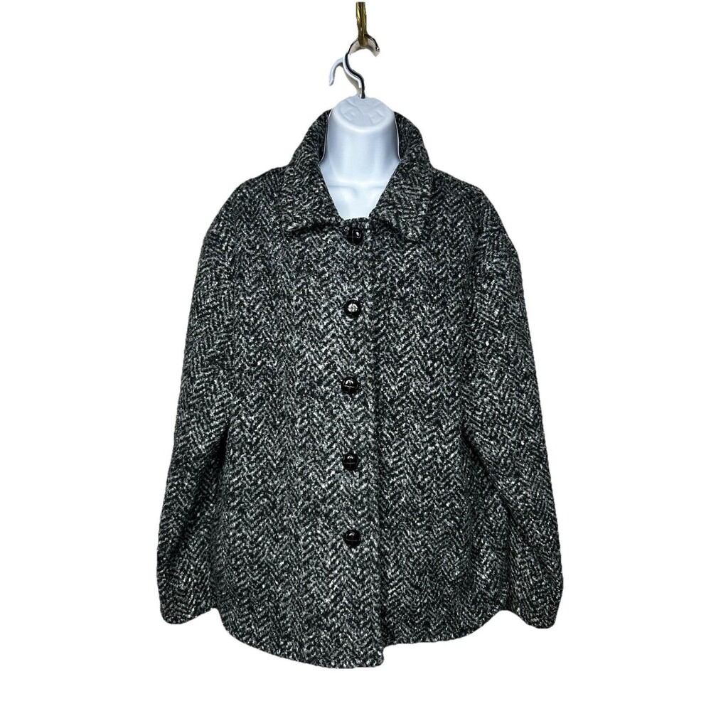 Sandro Paris L Black Herringbone Chore Jacket Coat Leather Button VTG